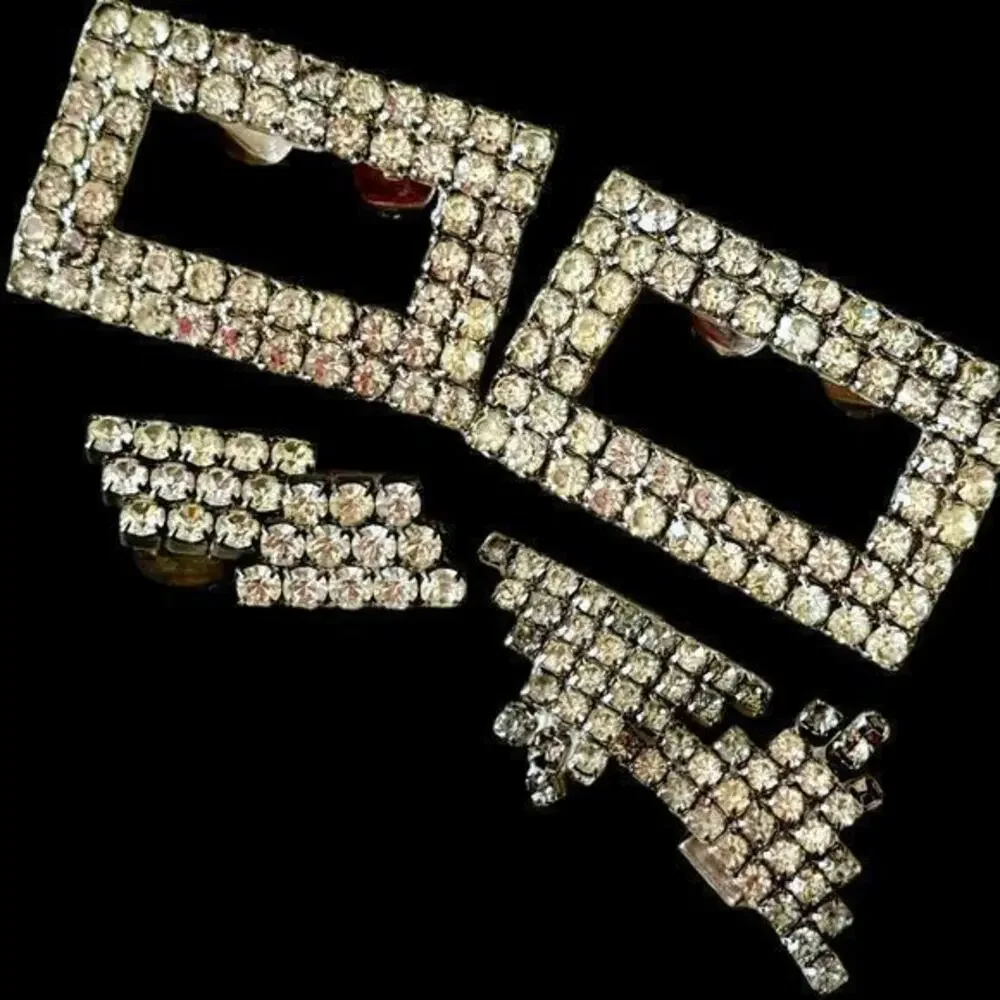 Lot of 6 Rhinestone Shoe Clips Vintage Silver Rectangular, Dangling 3 Pairs ￼